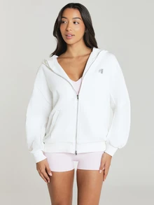 11SKNDS Oversized Full-Zip Hoodie With Hood, Silver Zipper, Drop Shoulder, Centre Pockets, Ribbed Hem, Cozy Fleece Sweatshirt For Fall Winter - White - View 3