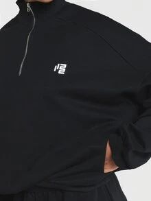 11SKNDS Quarter Zip Pullover Sweatshirt With Open Back Cutout Detail, Long Sleeves, And Small Chest Logo Print, Fall Winter Essential - Black - View 5