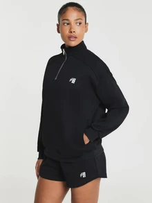 11SKNDS Cropped Quarter Zip Pullover Sweatshirt With Mock Neck, Long Sleeves, Ribbed Cuffs, Logo Patch Detail, Relaxed Fit Fall Winter Layering Top - Black - View 3