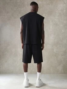 SUMWON Essential Boxy Fit ärmelloses Rundhals-Tanktop Co-Ord Set mit lockeren Kordelzug-Shorts Sommer Lässig Streetwear - Schwarz - Übersicht 2