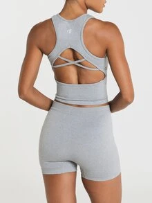 11SKNDS Ribbed Seamless Crop Tank Top With Racerback Neckline And Strappy Open Back Detail, Fitted Cropped Silhouette, Casual And Active Everyday Wear With Sweat-Wicking, Stretchy, Breathable, Quick-Dry & Buttery-Soft, For Gym Workout Fitness Yoga Pilates Studio, Running, Training & Hy-Rox - Light Grey - View 5