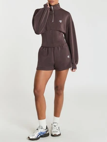 11SKNDS Half-Zip Mock Neck Cropped Sweatshirt With Corset-Style Waist Seaming, Oversized Balloon Sleeves, And Logo Embroidery, Fall Winter Essential - Rust Brown - View 3