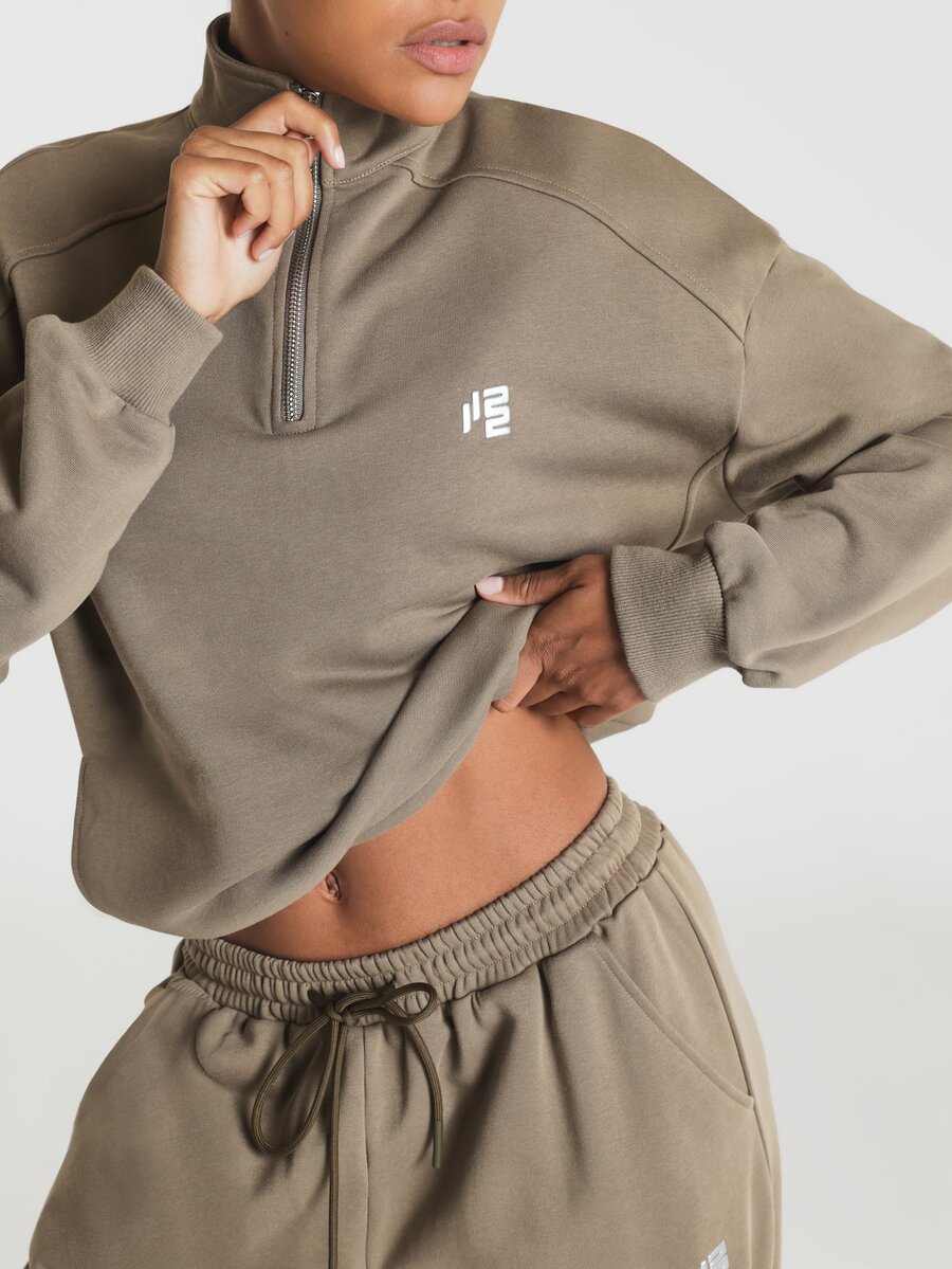 11SKNDS Quarter Zip Pullover Sweatshirt With High Mock Neck, Cropped Oversized Fit, Ribbed Hem And Cuffs, Logo Detail, Fall Winter Casual Loungewear Top - Brown - View 1