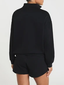 11SKNDS Cropped Quarter Zip Pullover Sweatshirt With Mock Neck, Long Sleeves, Ribbed Cuffs, Logo Patch Detail, Relaxed Fit Fall Winter Layering Top - Black - View 2
