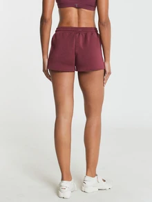 11SKNDS Fleece Sweat Shorts With Elastic Drawstring Waistband, Curved Hem, Side Pockets, Contrast Pink Drawcord, Mini Logo Detail, Casual Everyday Loungewear - Burgundy - View 2