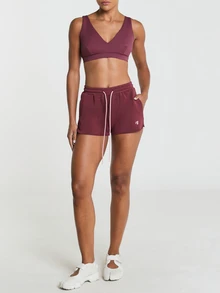 11SKNDS Fleece Sweat Shorts With Elastic Drawstring Waistband, Curved Hem, Side Pockets, Contrast Pink Drawcord, Mini Logo Detail, Casual Everyday Loungewear - Burgundy - View 4
