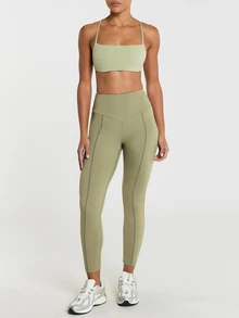 11SKNDS Square Neck Criss-Cross Back Sports Bra With Thin Adjustable Straps And Open Back Design With Sweat-Wicking, Stretchy, Breathable, Buttery-Soft, Low Impact Support & Removable Cups, For Gym Workout Fitness Yoga Pilates Studio, Running, Training & Hy-Rox - Khaki - View 4
