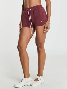 11SKNDS Fleece Sweat Shorts With Elastic Drawstring Waistband, Curved Hem, Side Pockets, Contrast Pink Drawcord, Mini Logo Detail, Casual Everyday Loungewear - Burgundy - View 3