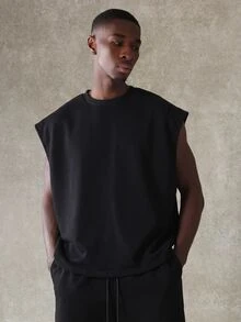 SUMWON Essential Boxy Fit ärmelloses Rundhals-Tanktop Co-Ord Set mit lockeren Kordelzug-Shorts Sommer Lässig Streetwear - Schwarz - Übersicht 3