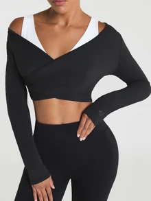 11SKNDS Long Sleeve Cold Shoulder Wrap Crop Top With Deep V Neckline, Crossover Front Design, Thumbhole Cuffs, And Contrast Strap Detail For Active Training With Sweat-Wicking, Stretchy, Breathable, Quick-Dry & Buttery-Soft, For Gym Workout Fitness Yoga Pilates Studio, Running & Hy-Rox - Black - View 1
