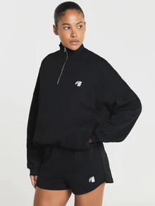 11SKNDS Quarter Zip Pullover Sweatshirt With Open Back Cutout Detail, Long Sleeves, And Small Chest Logo Print, Fall Winter Essential - Black - View 3