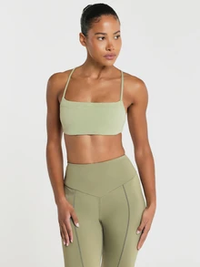 11SKNDS Square Neck Criss-Cross Back Sports Bra With Thin Adjustable Straps And Open Back Design With Sweat-Wicking, Stretchy, Breathable, Buttery-Soft, Low Impact Support & Removable Cups, For Gym Workout Fitness Yoga Pilates Studio, Running, Training & Hy-Rox - Khaki - View 3