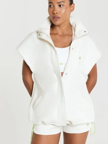 11SKNDS Oversized Zip-Up Sports Vest Jacket With High Stand Collar Cap Sleeves Logo Print Snap Button Detail Casual Layering Piece With Sweat-Wicking & Breathable, For Gym Workout Fitness Summer Spring, Running, Training & Hy-Rox - White - View 5
