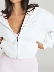 11SKNDS Oversized Full-Zip Hoodie With Hood, Silver Zipper, Drop Shoulder, Centre Pockets, Ribbed Hem, Cozy Fleece Sweatshirt For Fall Winter - White - View 1