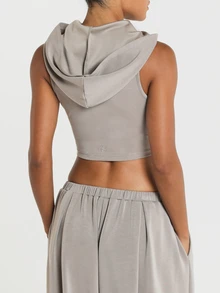 11SKNDS Sleeveless Hooded Crop Top With Cutout Neckline Detail, Fitted Midriff Length, Casual Everyday Essential, Spring Summer Layering Piece - Khaki - View 2
