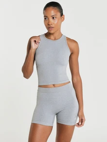 11SKNDS Ribbed Seamless Crop Tank Top With Racerback Neckline And Strappy Open Back Detail, Fitted Cropped Silhouette, Casual And Active Everyday Wear With Sweat-Wicking, Stretchy, Breathable, Quick-Dry & Buttery-Soft, For Gym Workout Fitness Yoga Pilates Studio, Running, Training & Hy-Rox - Light Grey - View 3