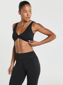 11SKNDS Twist Front Sports Bra Low Impact Padded V-Neck Crop Top Scoop Back Pullover Style With Sweat-Wicking, Stretchy, Breathable & Buttery-Soft, For Gym Workout Studio Summer, Running, Training & Hy-Rox - Black - View 3