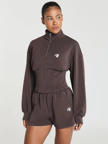 11SKNDS Half-Zip Mock Neck Cropped Sweatshirt With Corset-Style Waist Seaming, Oversized Balloon Sleeves, And Logo Embroidery, Fall Winter Essential - Rust Brown - View 4