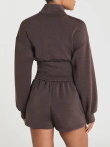 11SKNDS Half-Zip Mock Neck Cropped Sweatshirt With Corset-Style Waist Seaming, Oversized Balloon Sleeves, And Logo Embroidery, Fall Winter Essential - Rust Brown - View 2