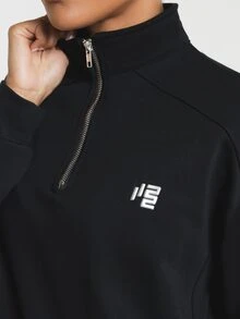 11SKNDS Cropped Quarter Zip Pullover Sweatshirt With Mock Neck, Long Sleeves, Ribbed Cuffs, Logo Patch Detail, Relaxed Fit Fall Winter Layering Top - Black - View 5