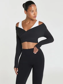 11SKNDS Long Sleeve Cold Shoulder Wrap Crop Top With Deep V Neckline, Crossover Front Design, Thumbhole Cuffs, And Contrast Strap Detail For Active Training With Sweat-Wicking, Stretchy, Breathable, Quick-Dry & Buttery-Soft, For Gym Workout Fitness Yoga Pilates Studio, Running & Hy-Rox - Black - View 3