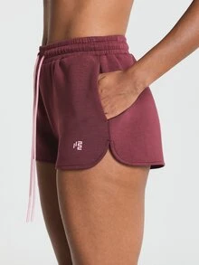 11SKNDS Fleece Sweat Shorts With Elastic Drawstring Waistband, Curved Hem, Side Pockets, Contrast Pink Drawcord, Mini Logo Detail, Casual Everyday Loungewear - Burgundy - View 5