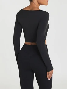 11SKNDS Long Sleeve Cold Shoulder Wrap Crop Top With Deep V Neckline, Crossover Front Design, Thumbhole Cuffs, And Contrast Strap Detail For Active Training With Sweat-Wicking, Stretchy, Breathable, Quick-Dry & Buttery-Soft, For Gym Workout Fitness Yoga Pilates Studio, Running & Hy-Rox - Black - View 2