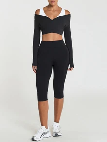 11SKNDS Long Sleeve Cold Shoulder Wrap Crop Top With Deep V Neckline, Crossover Front Design, Thumbhole Cuffs, And Contrast Strap Detail For Active Training With Sweat-Wicking, Stretchy, Breathable, Quick-Dry & Buttery-Soft, For Gym Workout Fitness Yoga Pilates Studio, Running & Hy-Rox - Black - View 4