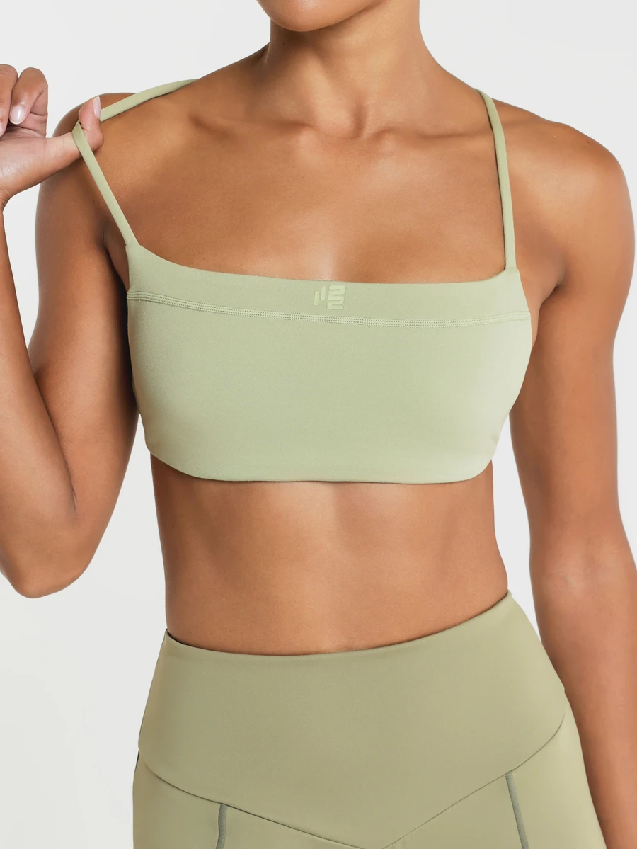 11SKNDS Square Neck Criss-Cross Back Sports Bra With Thin Adjustable Straps And Open Back Design With Sweat-Wicking, Stretchy, Breathable, Buttery-Soft, Low Impact Support & Removable Cups, For Gym Workout Fitness Yoga Pilates Studio, Running, Training & Hy-Rox - Khaki - View 1
