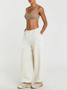 11SKNDS Wide Leg Sweatpants With Elastic Waist Relaxed Oversized Fit Pull On Jogger Pants Casual Everyday Lounge Fleece Style Full Length Palazzo Trousers - Khaki - View 3
