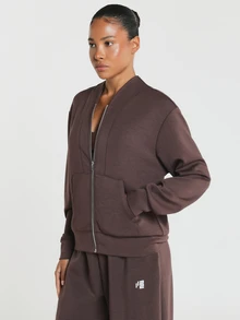 11SKNDS Zip-Up Bomber Sweatshirt With Collarless V-Neckline, Front Patch Pockets, And Silver Zipper Closure For Fall Winter Casual Everyday Wear With Sweat-Wicking & Buttery-Soft, For Gym Workout Fitness, Running, Training & Hy-Rox - Brown - View 3