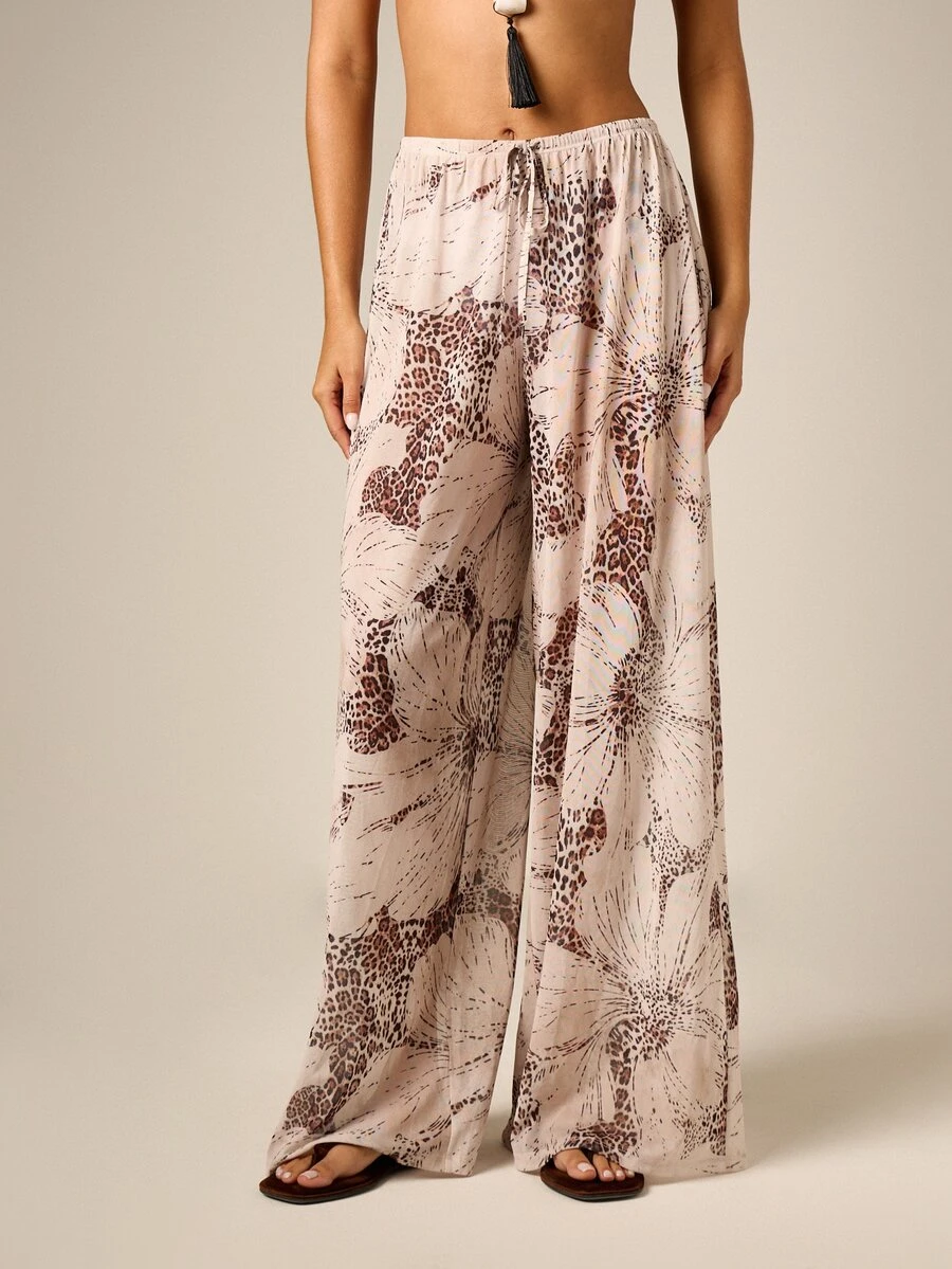 AiiRZ Wide Leg Palazzo Beach Vacation Cover-Up Trouser With Leopard Floral Mixed Print And Drawstring Waist Pink Summer Tropical Boho - Multicolor - View 1
