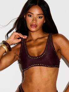 KIZN Atasan Bikini Model Scoop Neck Racerback dengan Hiasan Emas dan Belahan Leher V di Bagian Depan, Pakaian Renang Pantai Musim Panas - Coffee Brown - View 3