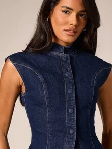 AiiRZ Denim Cap Sleeve Peplum Hem Top With Mandarin Collar Button Front Fitted Waist Spring Summer Casual Chic - Blue - View 2