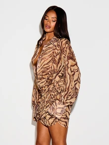 KIZN Mixed Animal Tiger Print Wrap Hem Mini Dress Long Sleeve Plunge Neckline Party Night Out - Brown - View 4