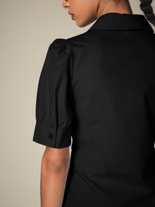 KSTM Puff Sleeve Belted Midi Shirt Dress With Spread Collar And A-Line Skirt For Office And Casual Wear - Black - View 6