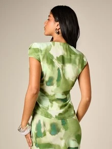 AiiRZ Tie Dye Watercolor Print Cowl Neck Cap Sleeve Blouse With Ring Detail Summer Vacation Flowy Top - Multicolor - View 2