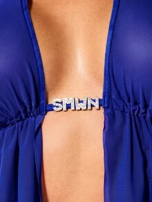 SUMWON WOMEN Halter Neck Mesh Bralette With Deep V Open Front And Crystal Logo Hardware Detail - Blue - View 3