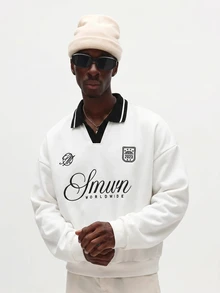SUMWON Worldwide 刺繡方正版 Polo 領衛衣，對比領長袖休閒套頭衫 - 白色 - 查看 5