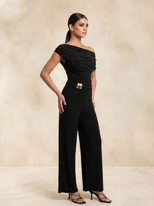 QUIZ Mono palazzo elegante para mujer, negro, con hombros descubiertos, detalles plisados en la cintura y cinturón, pernera ancha, para fiesta formal, ocasión especial, noche, fin de semana, verano y vacaciones - Negro - Ver 6