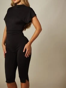 MISSGUIDED 收腰假領短袖七分褲連身褲 一件式修身連身衣 春夏休閒時尚 - 黑色 - 查看 3