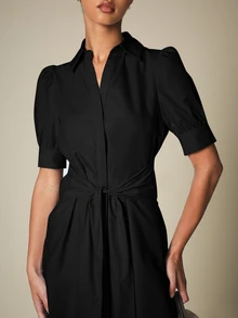 KSTM Puff Sleeve Belted Midi Shirt Dress With Spread Collar And A-Line Skirt For Office And Casual Wear - Black - View 5