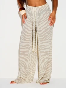 KIZN Zebra Print Wide Leg Beach Trousers Semi Sheer Cover Up Drawstring Waist Summer Vacation Resort Pants - Multicolor - View 1