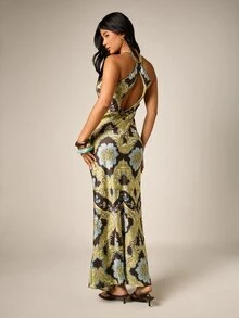 AiiRZ Scoop Neck Sleeveless Satin Maxi Dress With Baroque Floral All Over Print And Open Back Detail - Multicolor - View 3