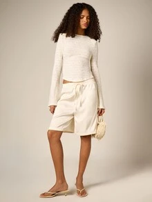 AiiRZ Lace Long Sleeve Open Back Crop Top Tie Detail Bell Sleeves Night Out Autumn Evenings High Tea Date Night White Romantic Elegant - Beige - View 4
