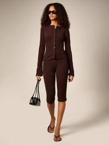 AiiRZ Ribbed Knit Button-Up Long Sleeve Top And Capri Legging Co-Ord Two-Piece Matching Set - Brown - View 1
