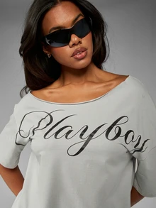 Missguided x Playboy Script Logo 一肩露肩寬鬆大尺寸 T-shirt 休閒夏季派對上衣 - 灰色 - 查看 5