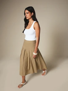 KSTM 細條紋裝飾百褶中長裙 高腰傘裙 A字版型 春夏優雅風 - 咖啡棕 - 查看 7