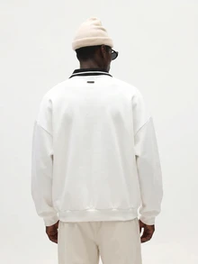 SUMWON Worldwide 刺繡方正版 Polo 領衛衣，對比領長袖休閒套頭衫 - 白色 - 查看 2