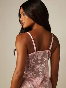 MISSGUIDED Floral Lace Cami And Thong Set With Satin Bow Tie Front Detail Sheer Lingerie Babydoll - Pink - View 2